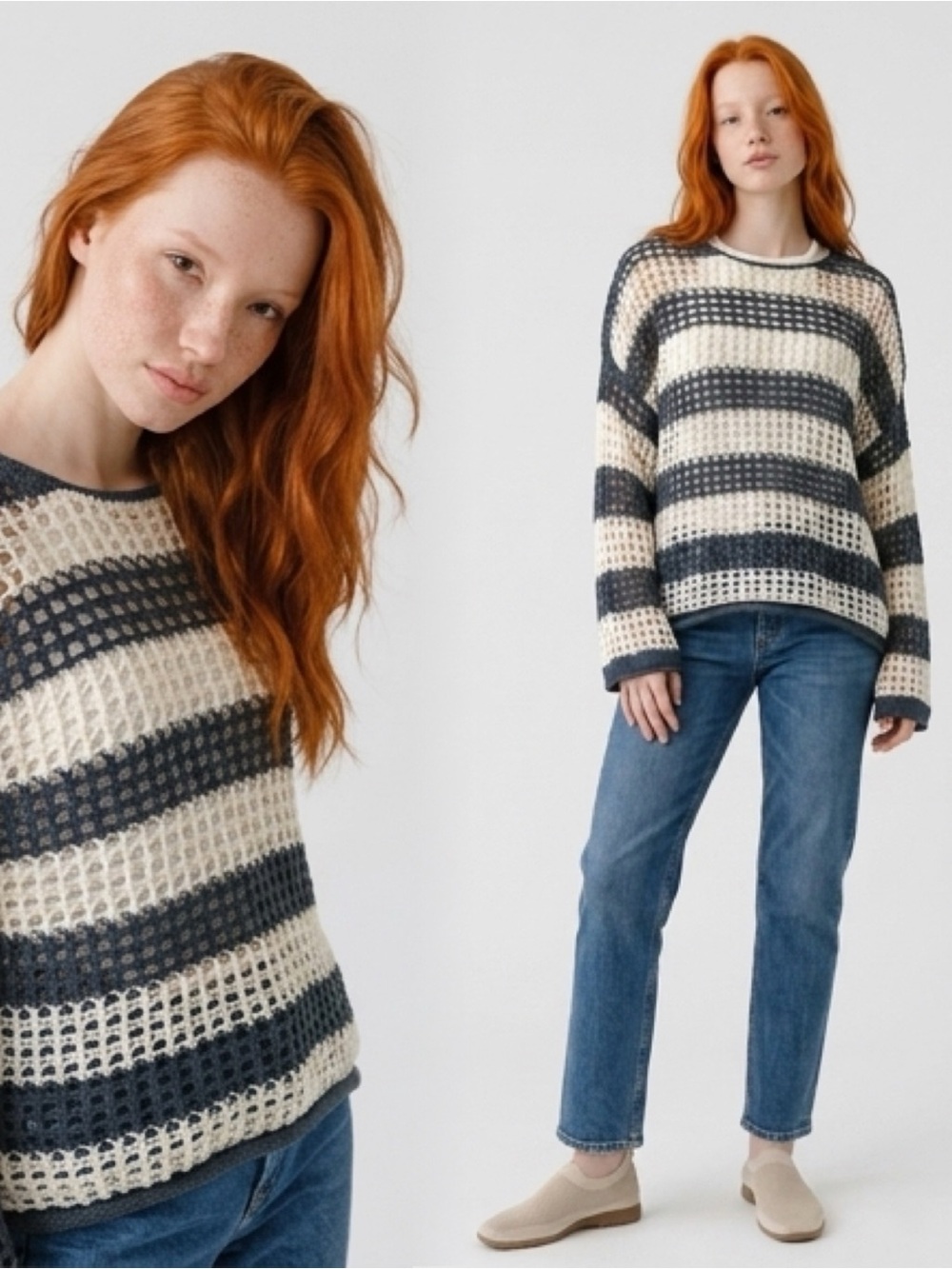 FAVLUX Open-Knit Striped Crewneck Sweater in Cream & Dark Blue
